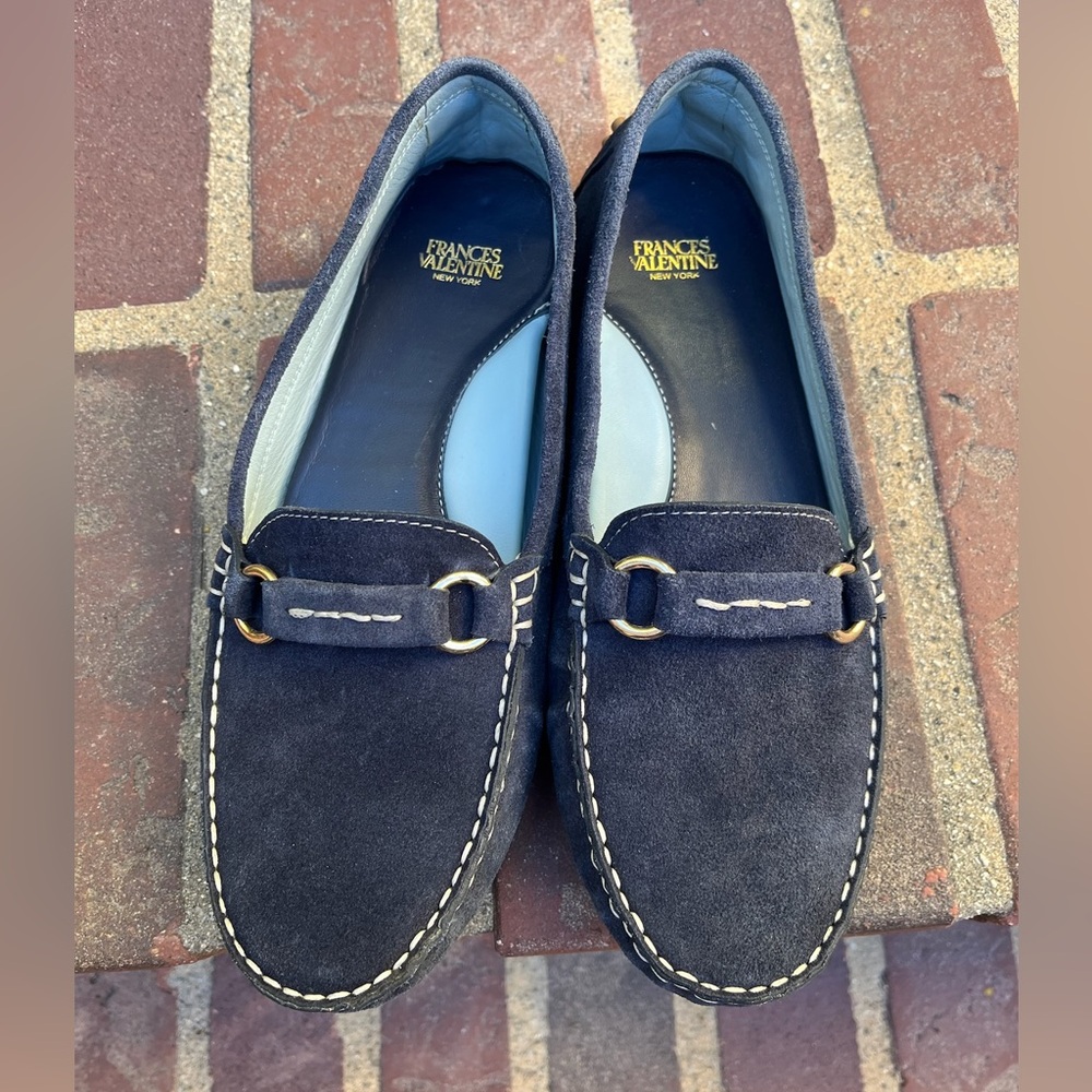 Frances Valentine Navy Suede Loafers with Gold Hardware